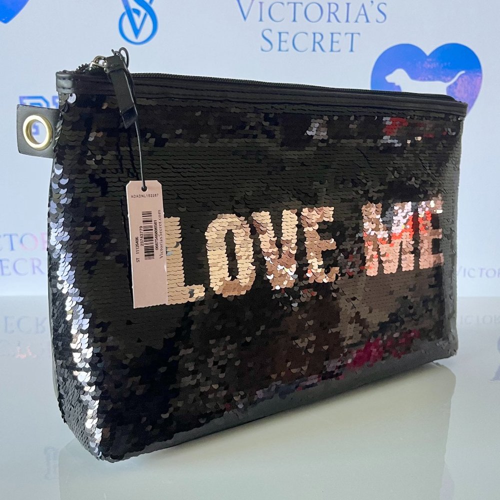 New Victoria's Secret Message Sequin Pouch Clutch Reversible Sequin Bling Love